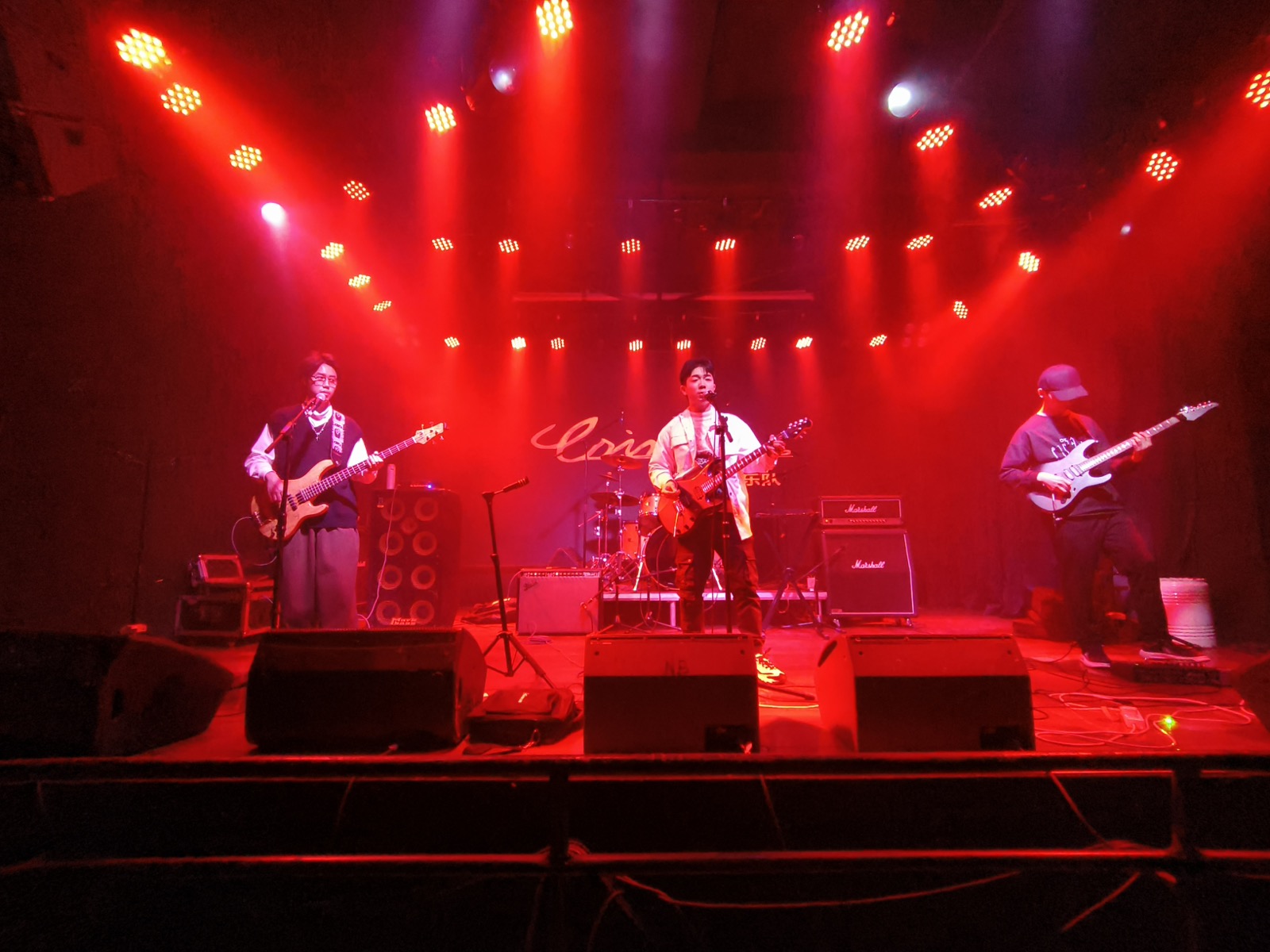 Older band stage with intense red lighting