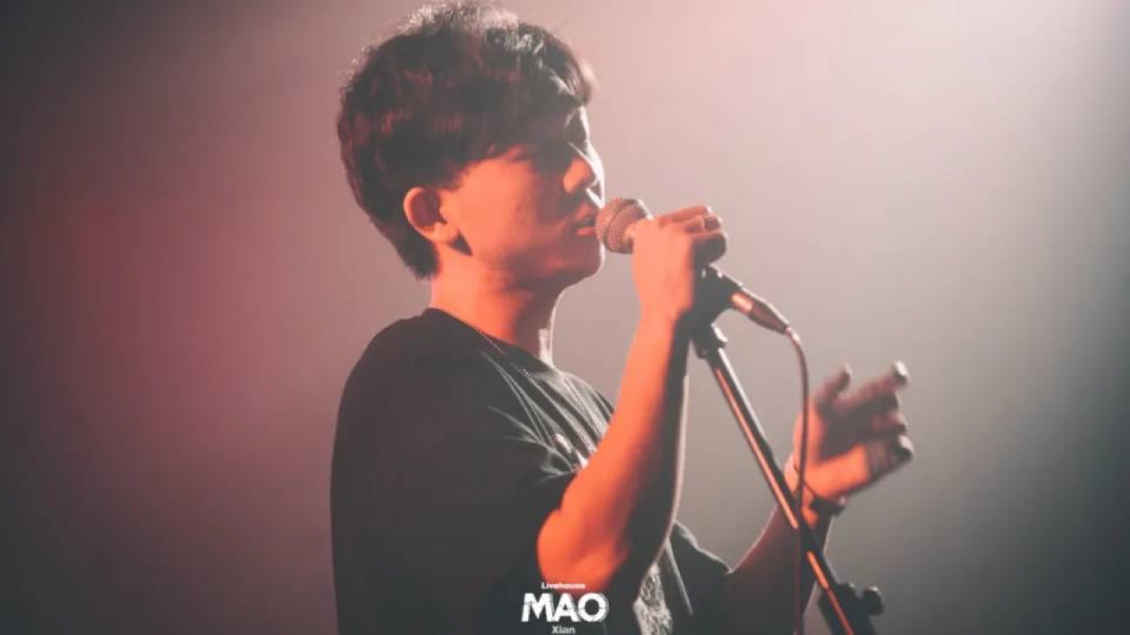 Older vocalist side view on stage
